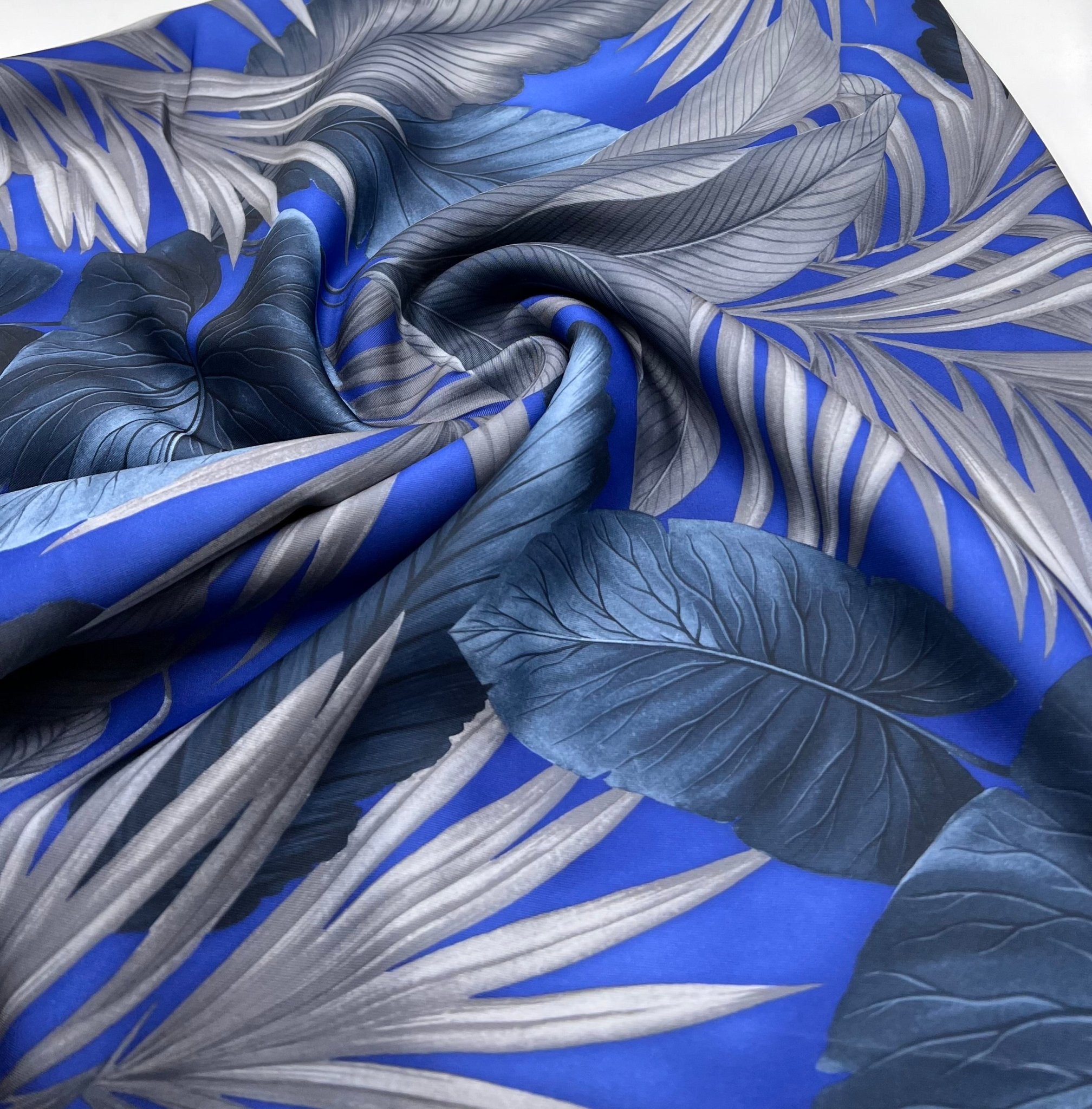 Blue Grey Leaf Printed Plain Scuba Stretch Fabric - T9 Fabrics